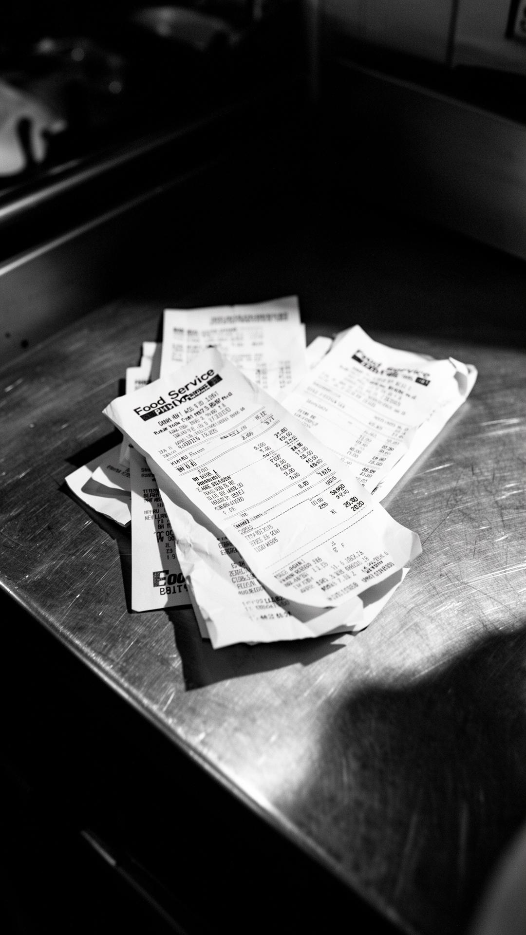 Stack of foodservice vendor invoices on a stainless steel kitchen pass